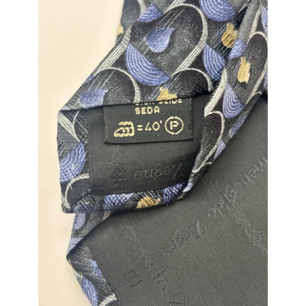 Ermenegildo Zegna Silk Tie Navy Blue Grey Gold Geometric Disegno Esclusivo Italy
